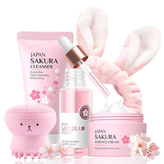 Skincare Set Sakura Teen Girls Gifts - Skin Care Set - Skincare for Teens 10-12 Hydrating - Travel Size Facial Kit for Women with Cleanser, Serum, Cream, Bunny Headband, Cleansing Brush•_ö5pcs•_ä