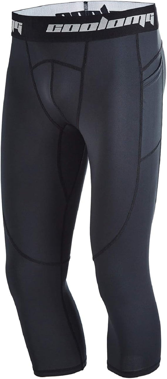 COOLOMG Men Basketball Leggings Adults 3/4 Length Compression Pants Athletic Tights