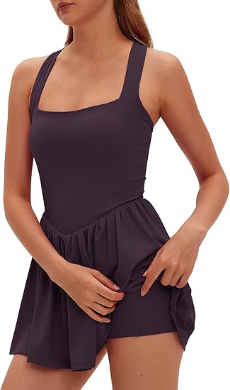 Womens Square Neck Tennis Dress Built in Shorts and Removable Bra Golf Athletic Outfits Workout Yoga Wear
