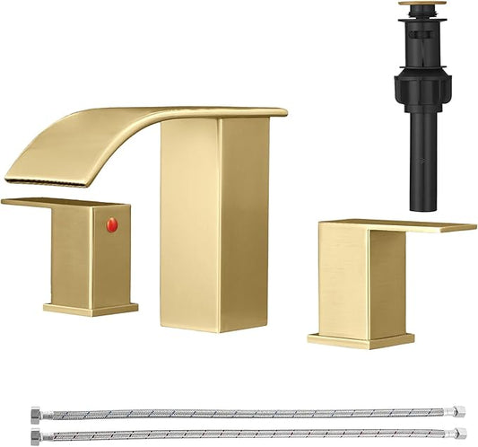 RUMOSE 8 inch Bathroom Faucets Set Brushed Gold Bathroom Sink Faucet 3 Hole with Pop Up Drain Widespread 2 Handles Stainless Steel Lavatory Vanity Faucet Waterfall Spout Bathroom Faucet Deck Mounted