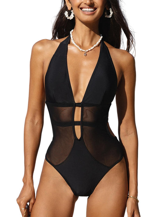 CUPSHE Women's One Piece Swimsuit Bathing Suit Deep V Neck Halter Back Tie Mesh Swimwear M Black