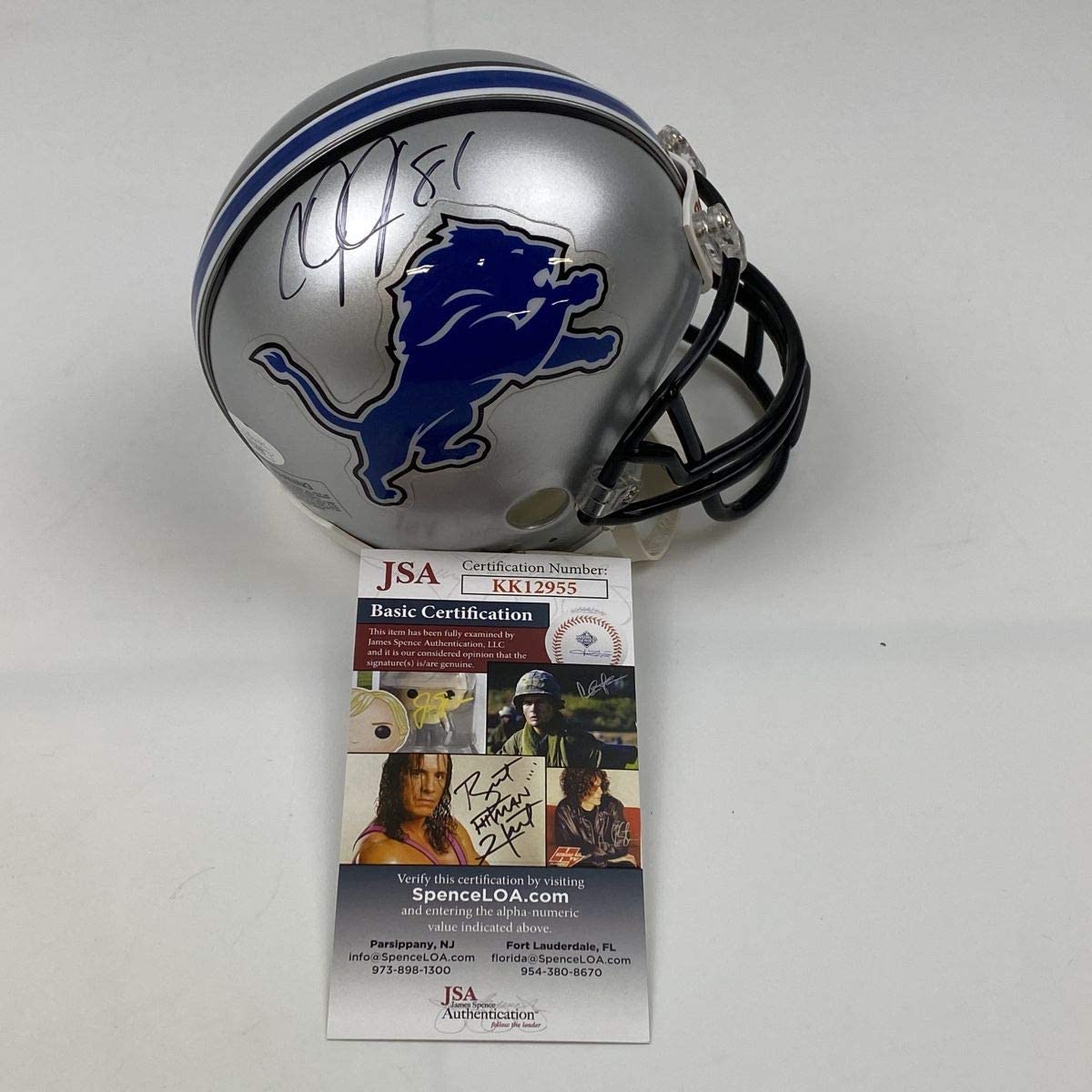 Autographed/Signed Calvin Johnson Detroit Lions Mini Football Helmet JSA COA