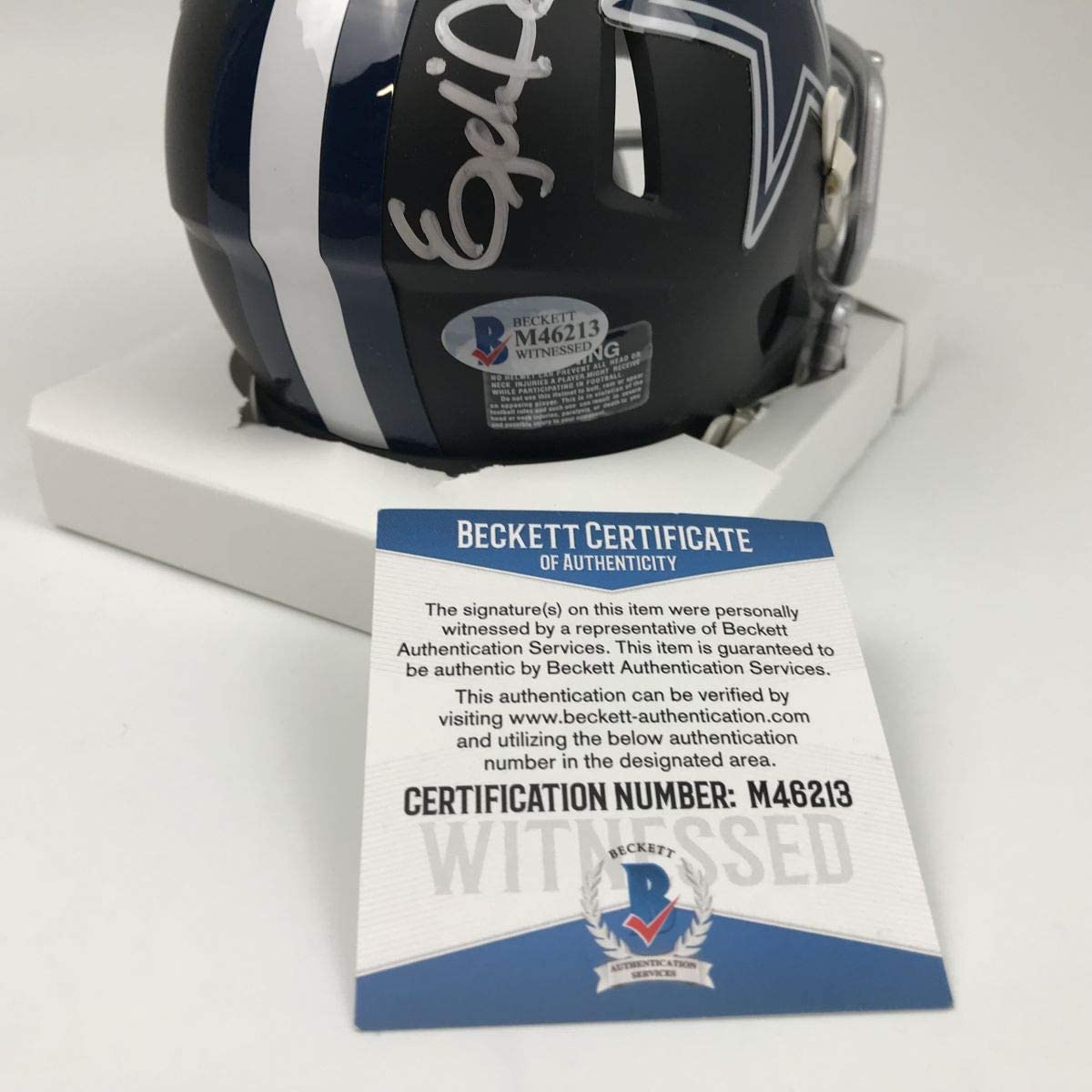 Autographed/Signed Ezekiel Elliott Dallas Cowboys Black Mini Football Helmet Beckett BAS COA