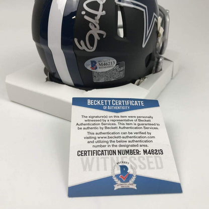 Autographed/Signed Ezekiel Elliott Dallas Cowboys Black Mini Football Helmet Beckett BAS COA