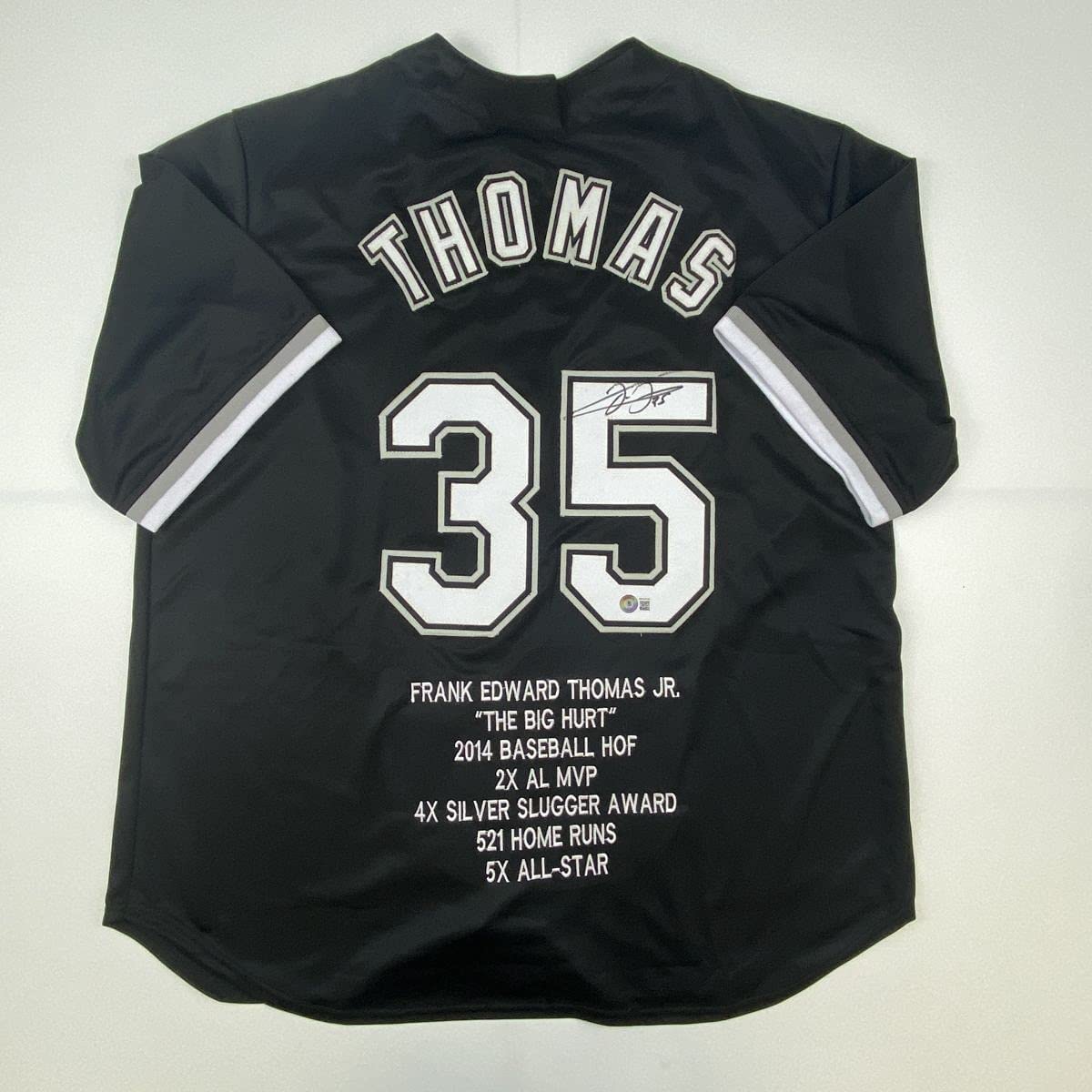 Autographed/Signed Frank Thomas Chicago Black Stat Baseball Jersey Beckett BAS COA