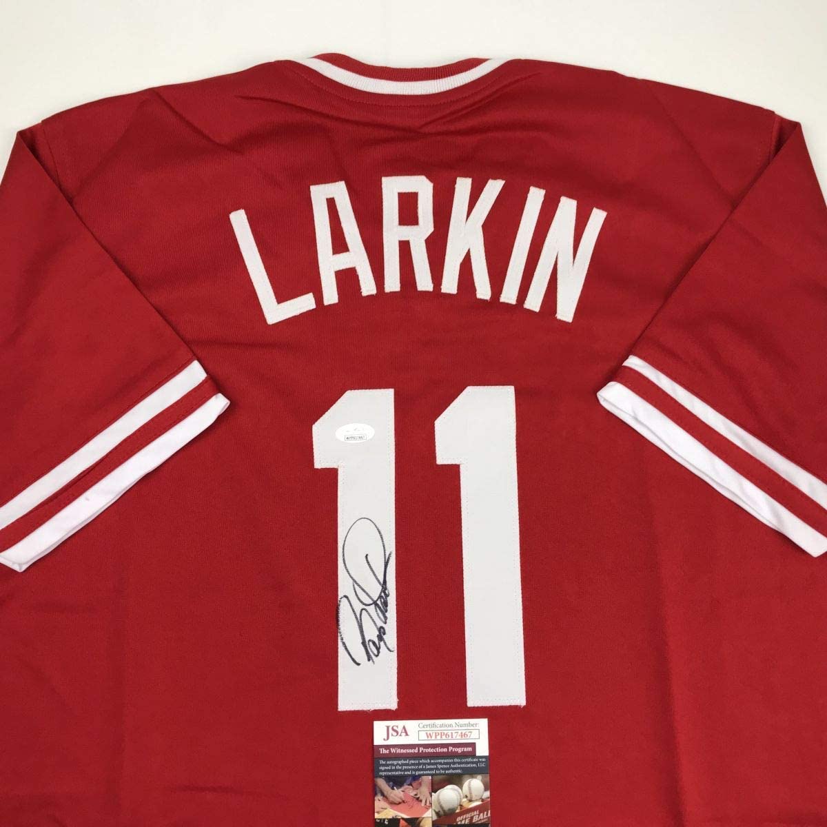 Autographed/Signed Barry Larkin Cincinnati Red Baseball Jersey JSA COA