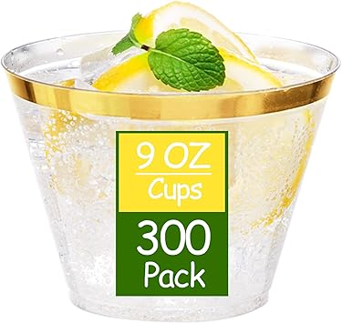 Ciaell 300PCS Gold Plastic Cups - 9Oz Heavy Duty Plastic Cups - Gold Rimmed Plastic Cups - Disposable Clear Plastic Cups with Gold Rim for Party & Wedding
