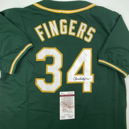 Autographed/Signed Rollie Fingers Oakland Green Baseball Jersey JSA COA