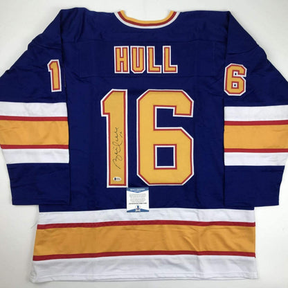 Autographed/Signed Brett Hull St. Louis Blue Hockey Jersey Beckett BAS COA