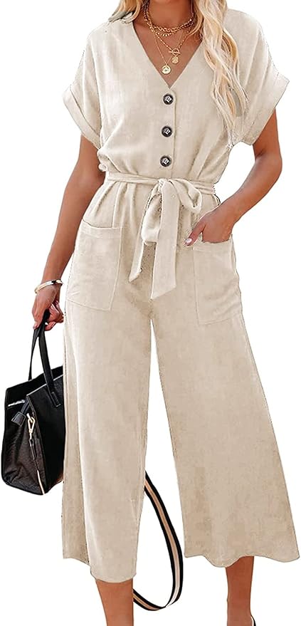 Acelitt Women Casual V Neck Short Sleeve Button Belted Wide Leg Jumpsuits, S-XXL