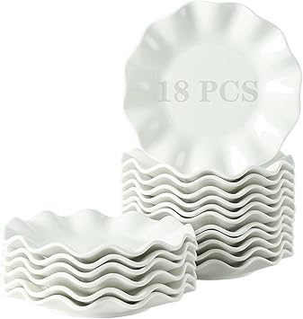 6 Inch Porcelain Appetizer Plates Set of 18, Small Dinner Plates, Dessert Salad Plates, White Wave Shaped Serving Dishes for Cake, Snack, Ice Cream, Waffles, Microwave, Oven, and Dishwasher Safe