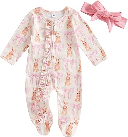 Lamuusaa Newborn Baby Girl Easter Outfit Bunny Bow Print Footie Romper Ruffle Bodysuit Zipper Jumpsuit Headband 0-18M
