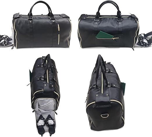 3 in 1 Foldable Garment Bag for Travel, Large Capacity Leather Travel Duffel Bag with Shoe Pouch (Black (leather)