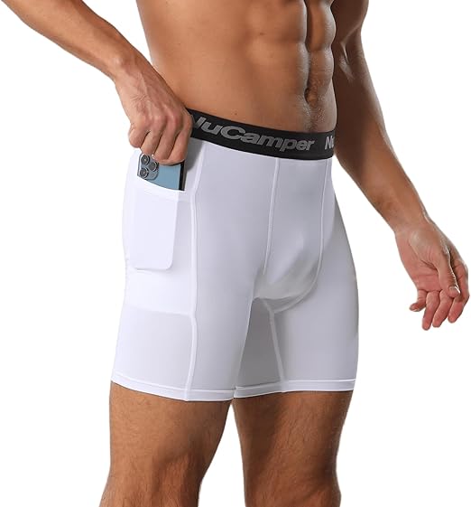 NuCamper Men‰۪s Compression Shorts with Pocket Spandex Athletic Underwear Performance Gym Boxer Briefs Cool Dry Baselayer