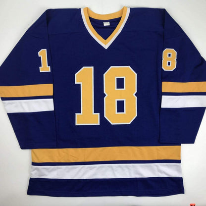 Autographed/Signed Hanson Brothers Chiefs Slap Shot Movie #18 Blue Hockey Jersey JSA COA
