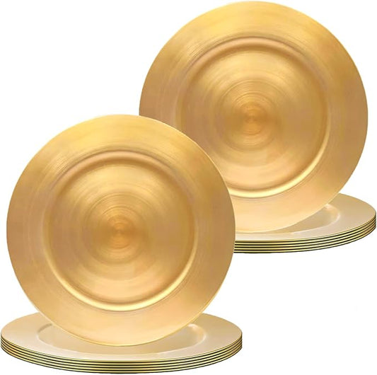 12 Pcs Gold Charger Plates, 13 Inch Metallic Charger Serving Plates, Plastic Dinner Chargers for Table Setting, Party, Wedding, Holiday, Christmas, Halloween, Event Decoration