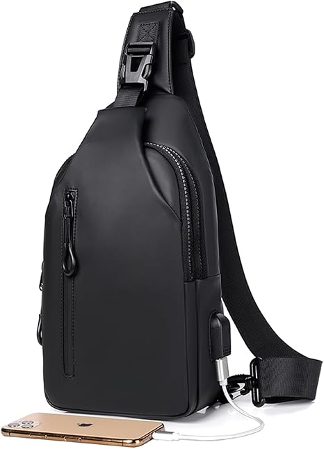 Waterproof Sling Bag Crossbody Backpack for Men Women Sling Backpack with USB Charging Port Anti Theft Shoulder Cross Body Bag Chest Daypack for Hiking Sports Running Travel-Black