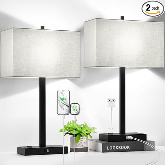 21" Set of 2 Touch Control Table Lamps with 2 USB & AC Outlets, 3-Way Dimmable Modern Nightstand Lamps for Bedroom Living Room Office Reading, Gray Shade Bedside Lamps, 5000K LED Bulbs Included