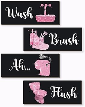 4 Pcs Pink Bathroom Decor Funny Pink And Black Bathroom Decor Wooden Modern Funny Glitter for Home Toilet Decoration(10x4 Inch)
