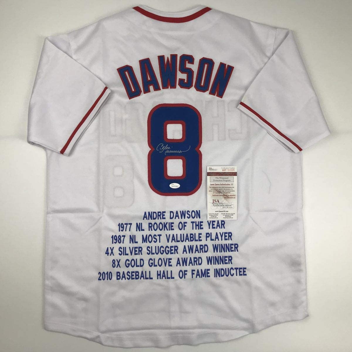 Autographed/Signed Andre Dawson Chicago White Stat Baseball Jersey JSA COA