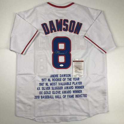Autographed/Signed Andre Dawson Chicago White Stat Baseball Jersey JSA COA