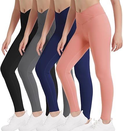 EXARUS 4 Pack Girls Leggings Kids Yoga Pants Crossover V Waist Ankle/Full Length High Waisted for School Casual Dance