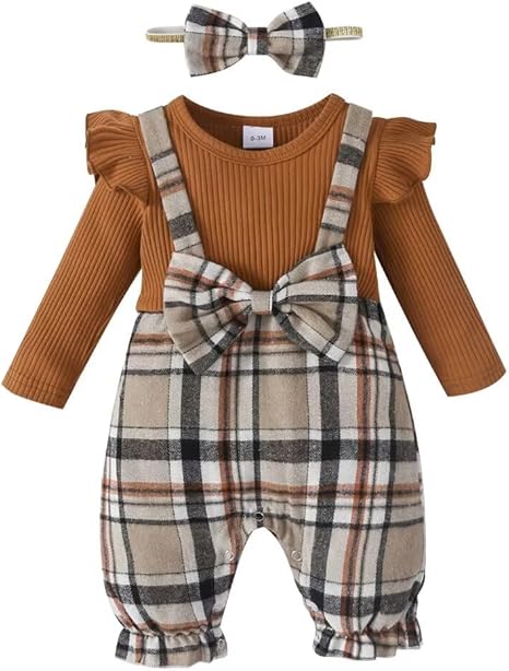 Baby Girl Clothes Fall Winter Outfit Infant Girl Plaid Long Sleeve Ruffle Romper One Piece Jumpsuit with Headband