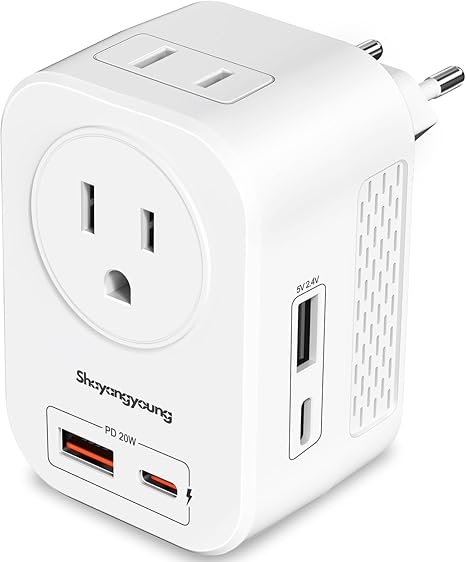 220V to 110V Voltage Converter US to Europe International Universal Travel Adapter, 20W PD with 2 USB-A 2 USB-C Port, Worldwide Power Converter Plug Combo US to Spain Italy Greece White