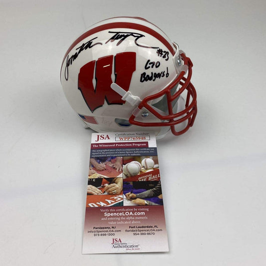 Autographed/Signed Jonathan Taylor Inscribed Go Badgers Wisconsin White College Football Mini Helmet JSA COA