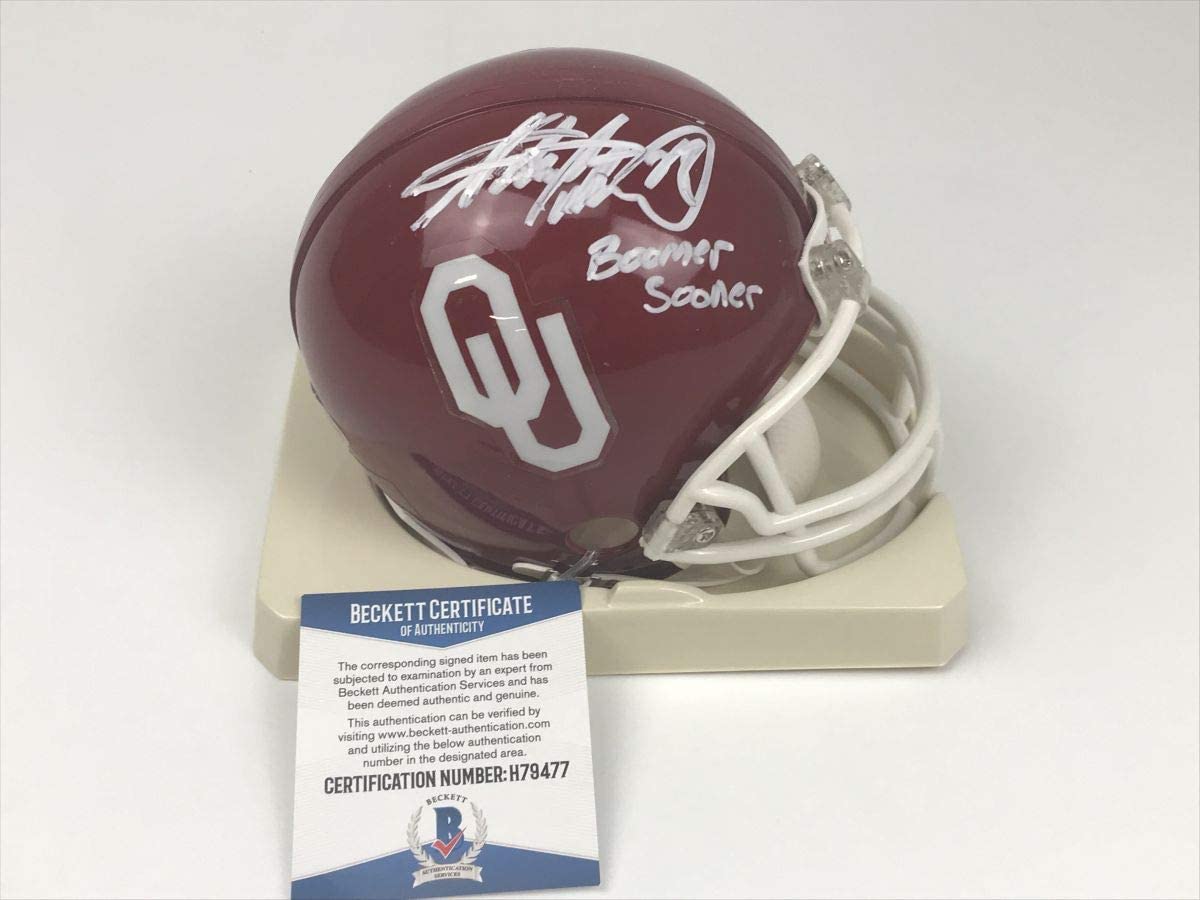 Autographed/Signed Adrian Peterson Boomer Sooner Oklahoma Sooners Mini College Football Helmet Beckett BAS COA