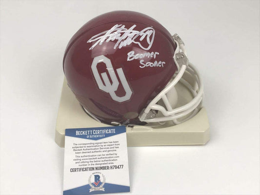 Autographed/Signed Adrian Peterson Boomer Sooner Oklahoma Sooners Mini College Football Helmet Beckett BAS COA