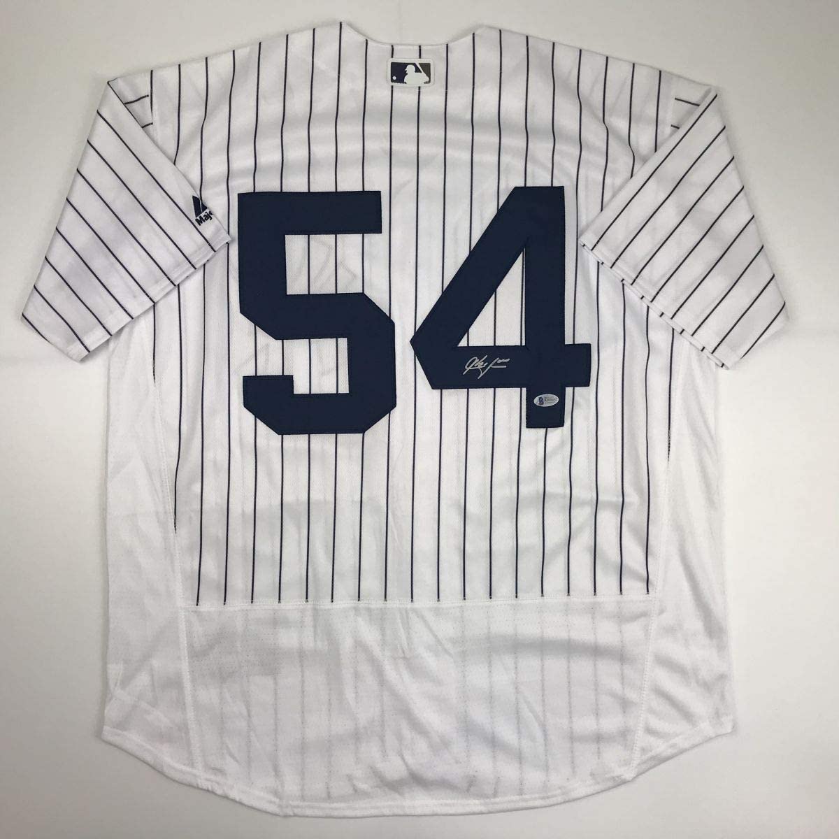 Autographed/Signed Aroldis Chapman New York Pinstripe Baseball Jersey Beckett BAS COA Holo Only