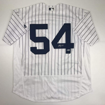 Autographed/Signed Aroldis Chapman New York Pinstripe Baseball Jersey Beckett BAS COA Holo Only