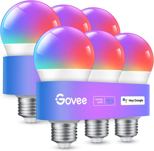 Govee Smart Light Bulbs, WiFi and Bluetooth Light Bulbs, Music Sync and 54 Scene Modes, 9W 60W Equivalent WiFi Light Bulbs, Color Changing RGBWW Light Bulbs, Supports Alexa & Google Assistant, 6 Pack