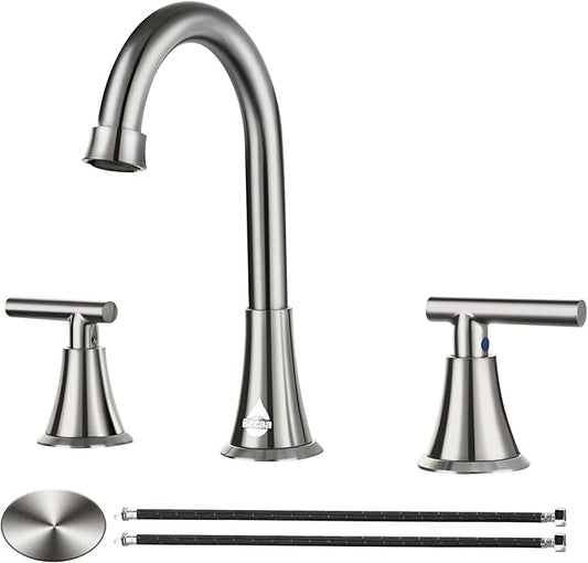 Bathroom Sink Faucet, Faucet for Bathroom Sink, Widespread 3 Hole Stainless Steel Lead-Free, 2 Handle 360Îç Swivel Spout Faucet with Pop-up Drain & Supply Hoses for Bathroom Vanity Lavatory