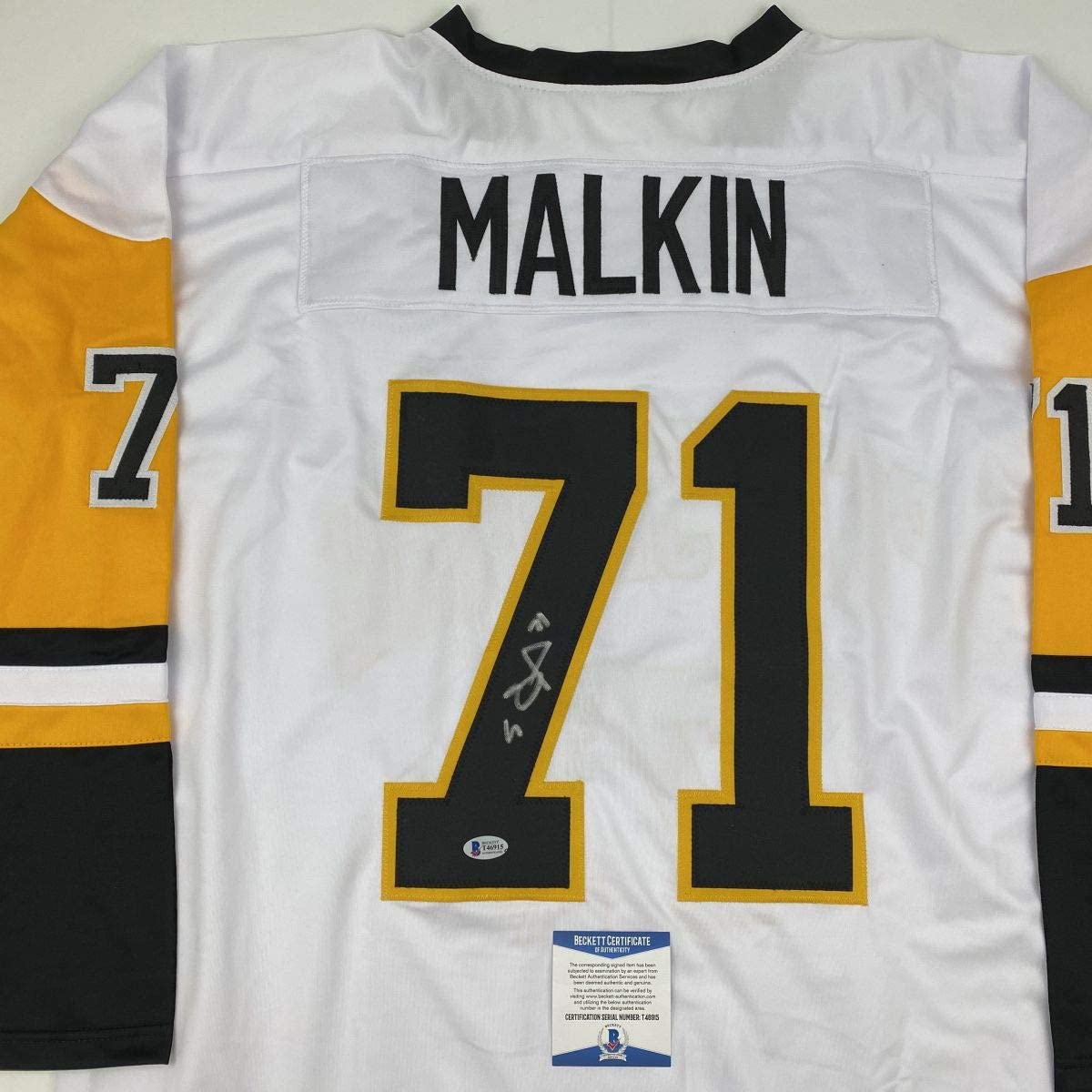 Autographed/Signed Evgeni Malkin Pittsburgh White Hockey Jersey Beckett BAS COA