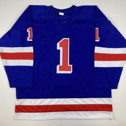 Autographed/Signed Eddie Giacomin HOF 87 New York Blue Hockey Jersey JSA COA