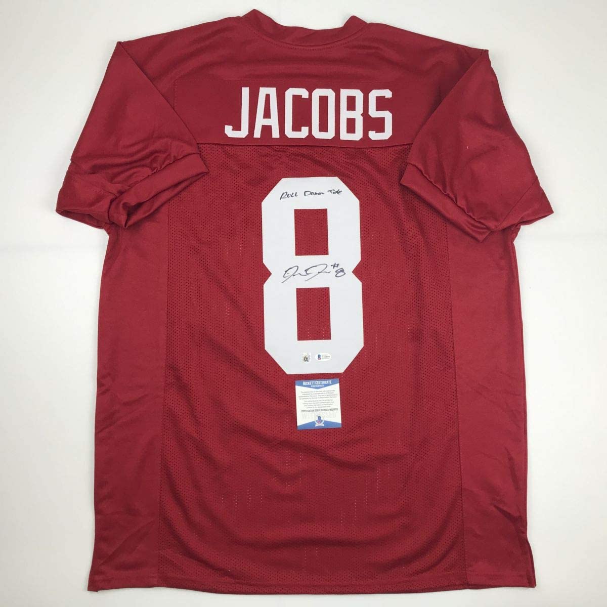 Autographed/Signed Josh Jacobs Roll Tide Alabama Red College Football Jersey Beckett BAS COA