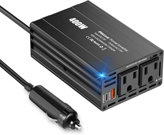 400W Car Power Inverter, DC 12V to 110V AC Car Plug Adapter Outlet Converter with [65W USB-C] /USB-Fast Charger(24W) car Charger for Laptop Computer