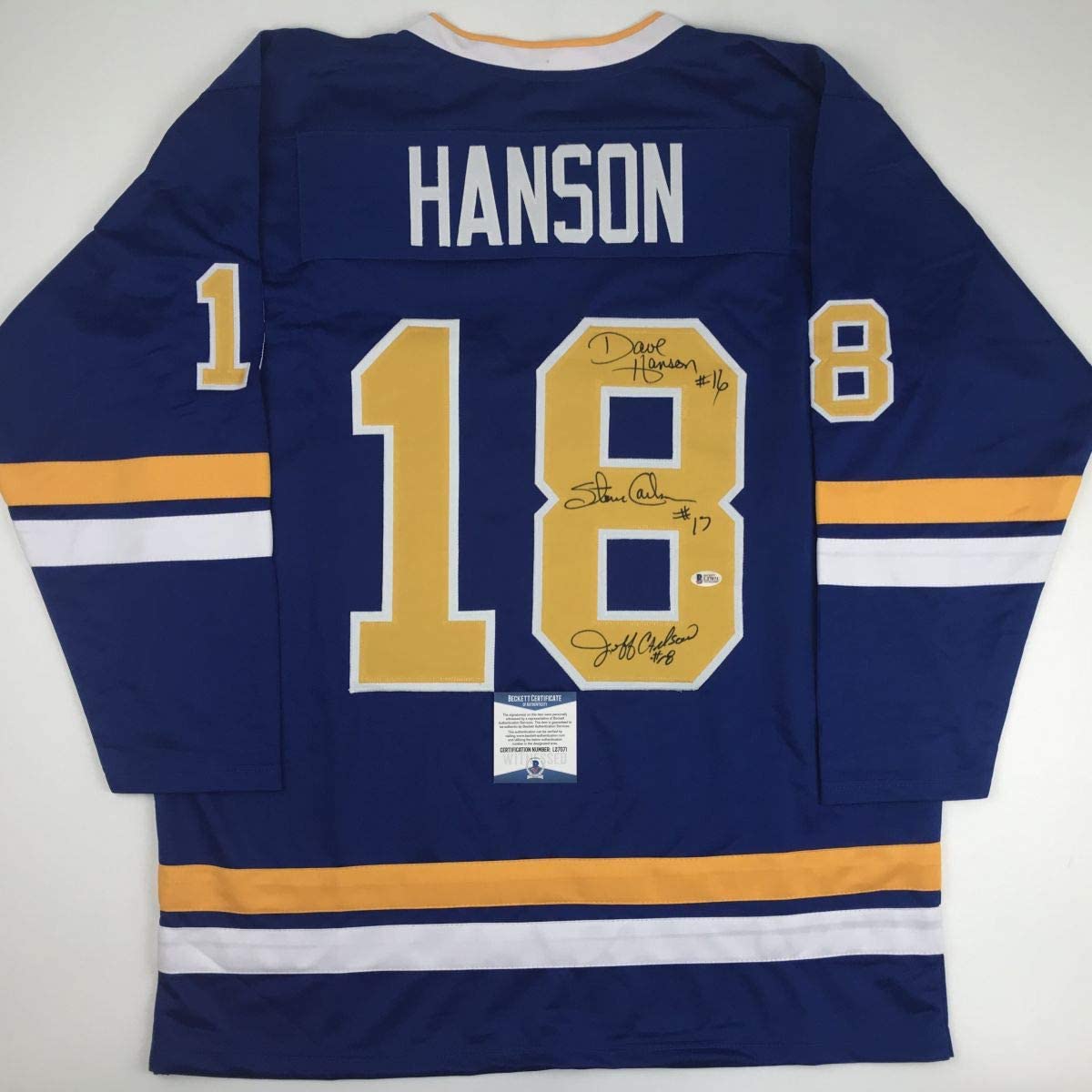 Autographed/Signed Hanson Brothers Chiefs Slap Shot Movie #18 Blue Hockey Jersey Beckett BAS COA
