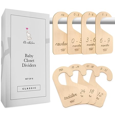 Baby Closet Dividers (Classic) by Eli with Love - 8 Premium Wood Double Sided Baby Closet Size Dividers - Ideal Baby Clothes Dividers for Closet _‹_ Organize Nursery Closet Hangers by Size/Age