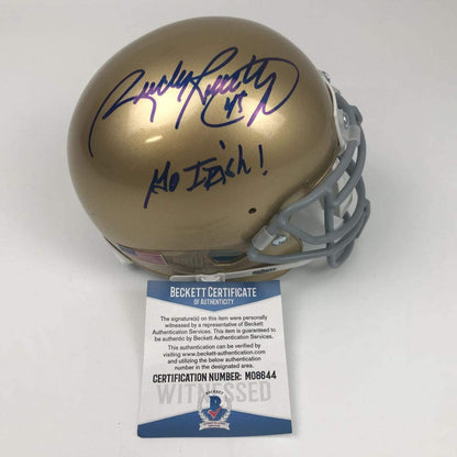 Autographed/Signed Rudy Ruettiger Go Irish Notre Dame Irish College Football Mini Helmet Becket BAS COA