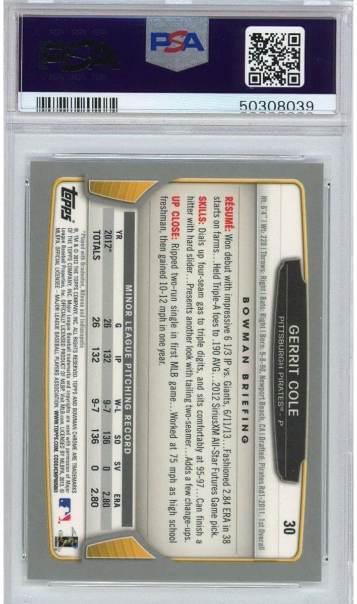 Graded 2013 Bowman Chrome Gerrit Cole #30 Rookie RC Baseball Card PSA 10 Gem Mint
