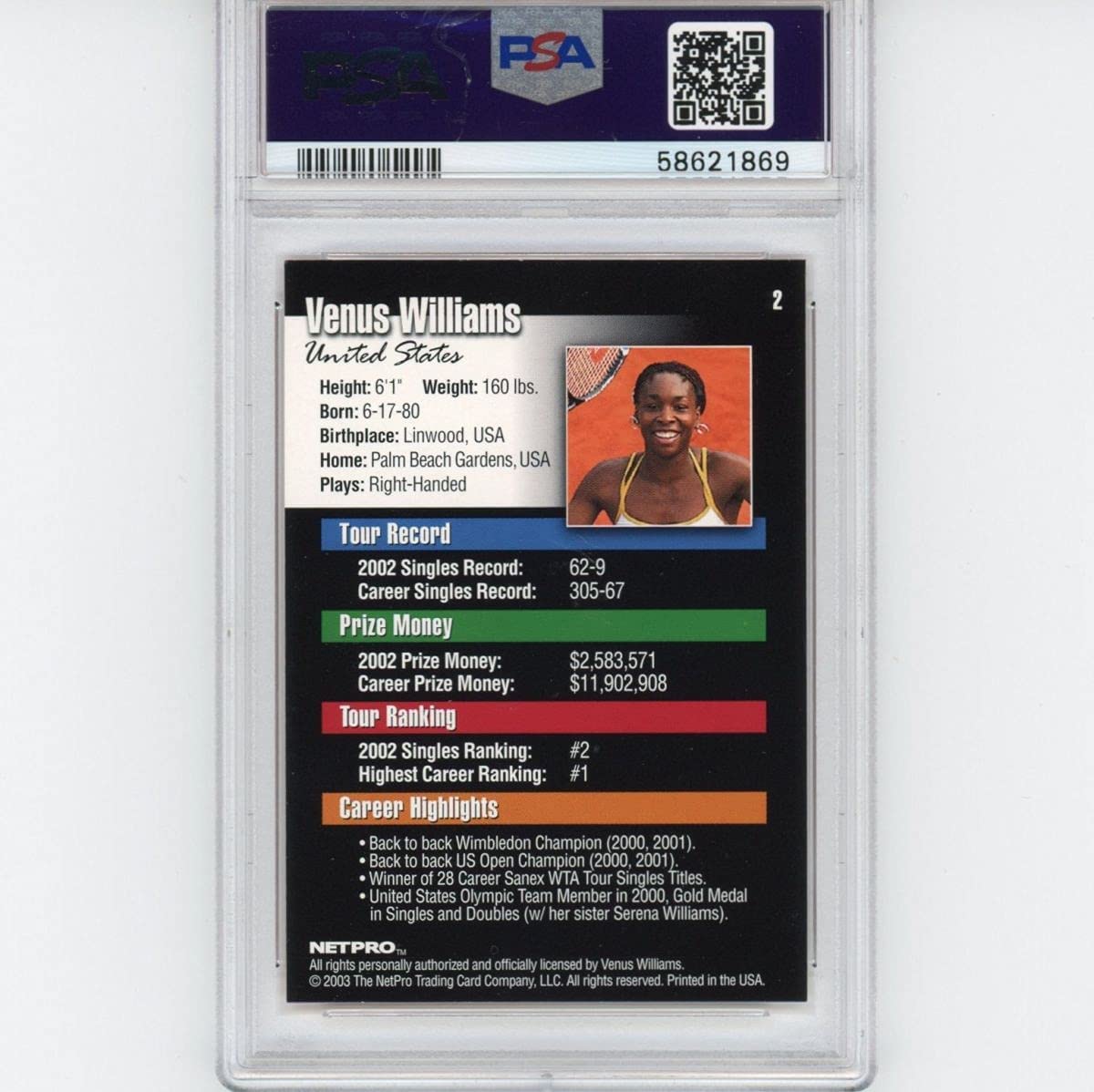 Graded 2003 Netpro Venus Williams #2 RC Tennis Card PSA 10 Gem Mint