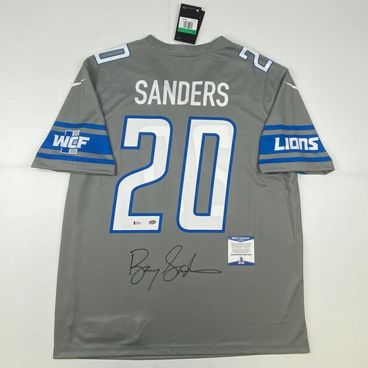 Autographed/Signed Barry Sanders Detroit Lions Grey Football Jersey Beckett BAS COA