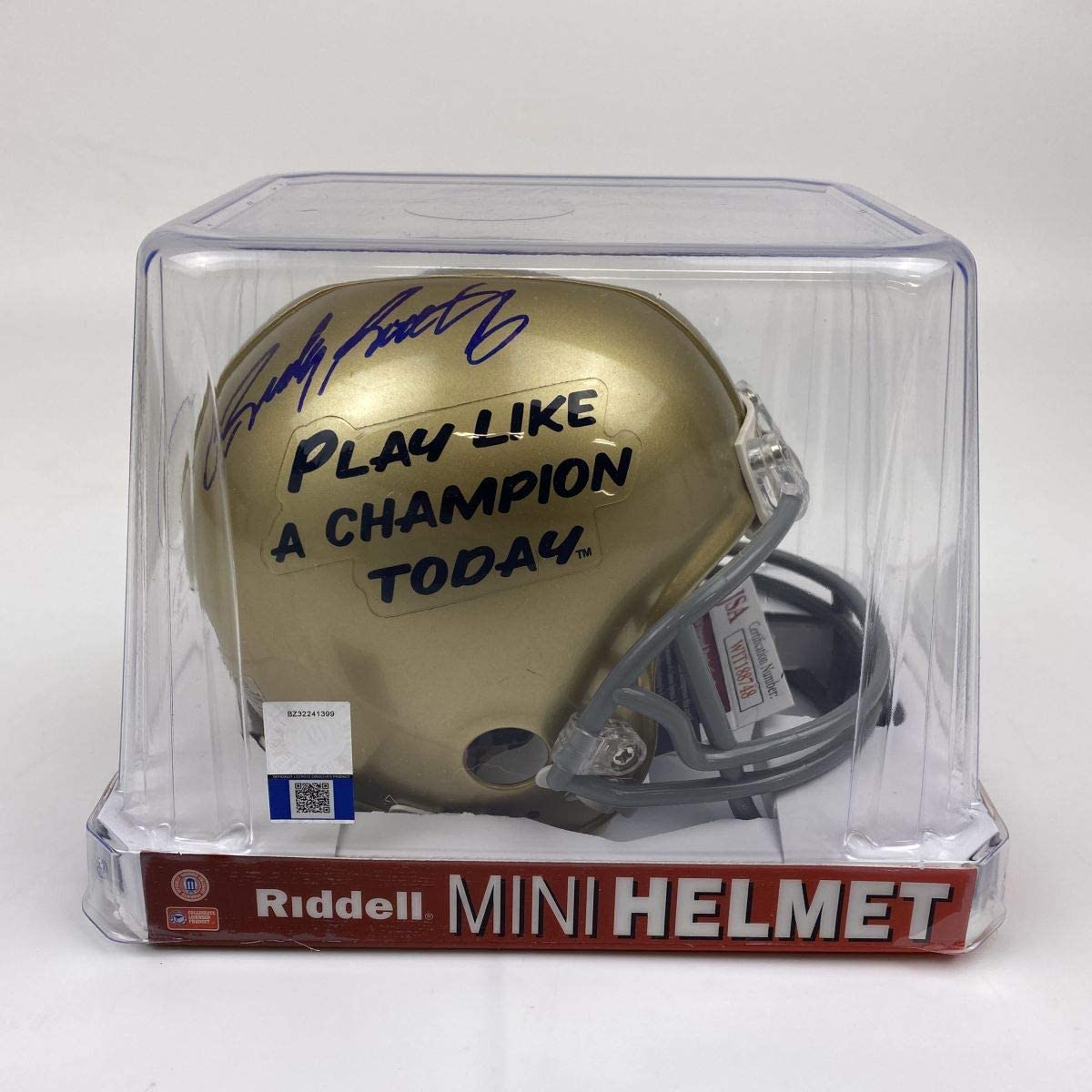 Autographed/Signed Rudy Ruettiger Play Like A Champion Today Notre Dame Irish Football Mini Helmet JSA COA