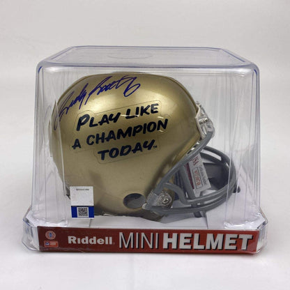 Autographed/Signed Rudy Ruettiger Play Like A Champion Today Notre Dame Irish Football Mini Helmet JSA COA