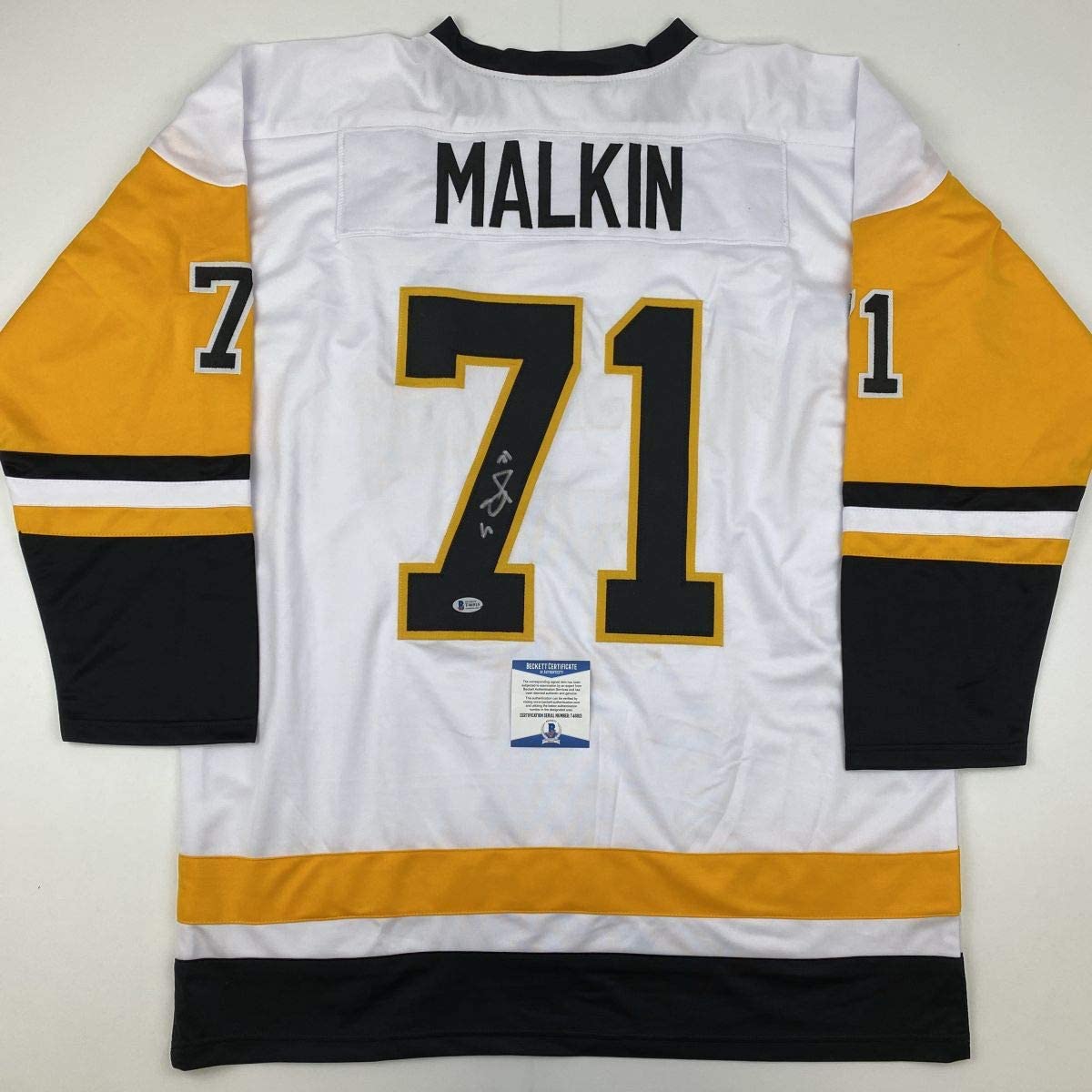 Autographed/Signed Evgeni Malkin Pittsburgh White Hockey Jersey Beckett BAS COA