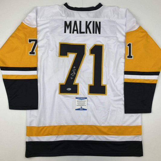 Autographed/Signed Evgeni Malkin Pittsburgh White Hockey Jersey Beckett BAS COA