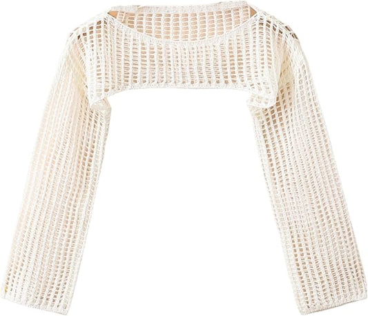 Floerns Girls Color Block Long Sleeve Drop Shoulder Crochet Crop Top Sweaters